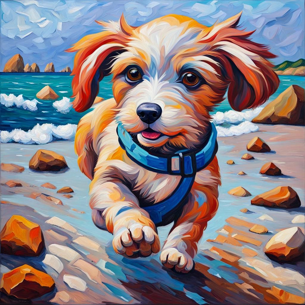 Crystal Puppy on Beach: Neo-Impressionist Oil Painting