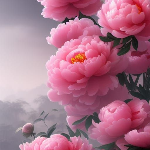 Realistic Chinese Peony Flowers in Studio Ghibli Style