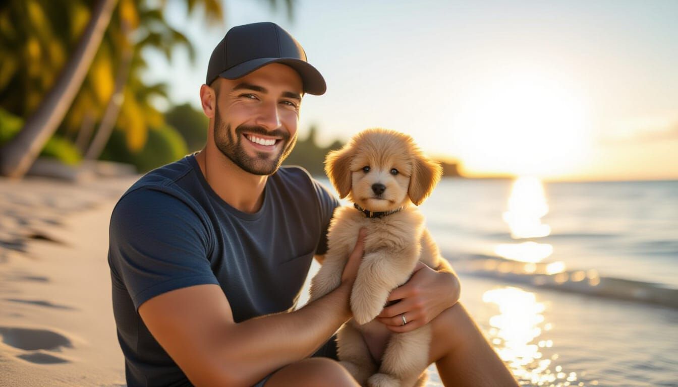 Man With Puppy on Sunny Beach at Golden Hour