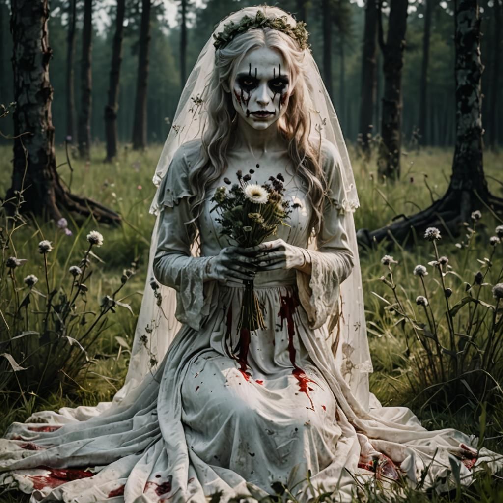 Creepy Ghost in Wedding Dress with Bloody Heart