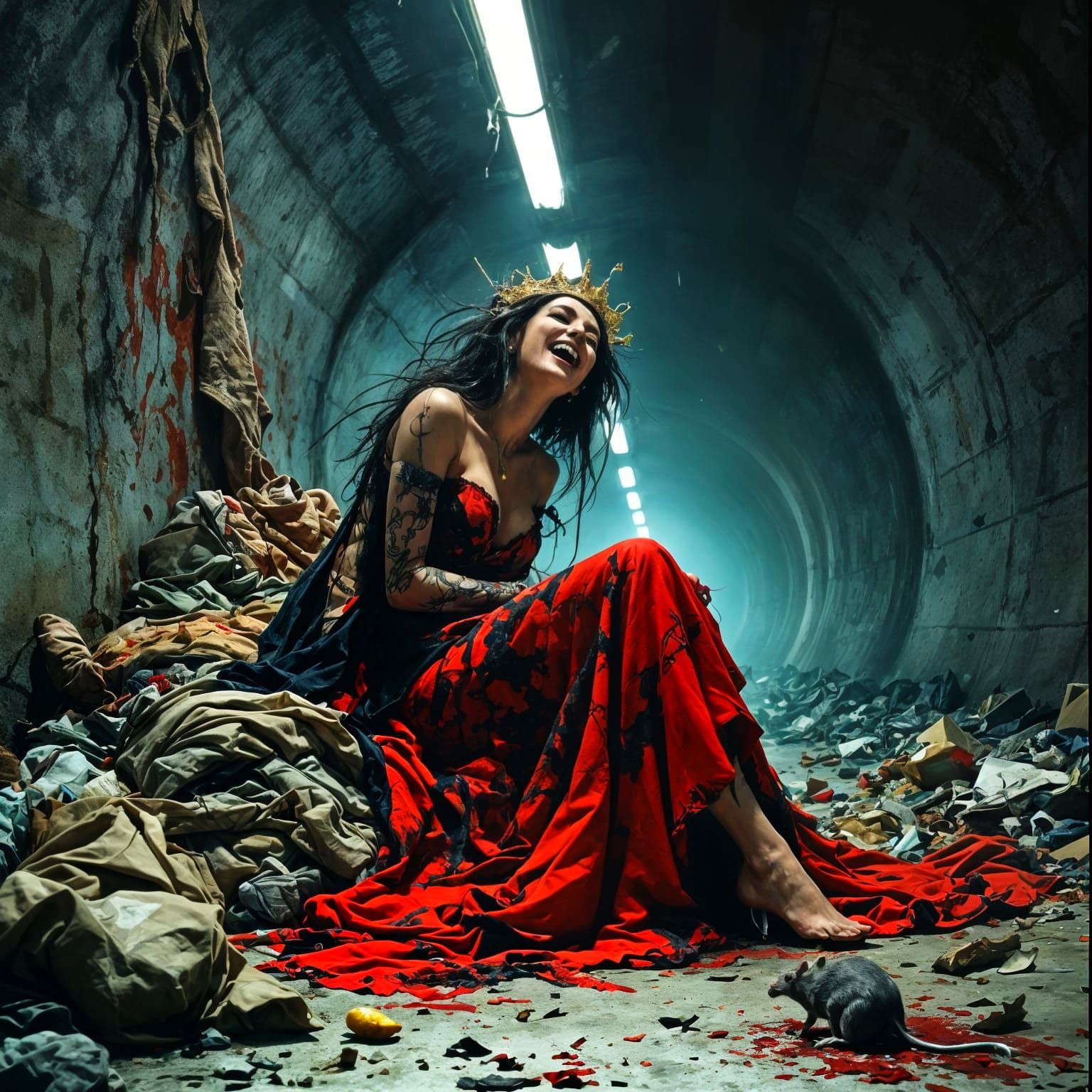 Homeless Queen Laughing at a Rat in Subway