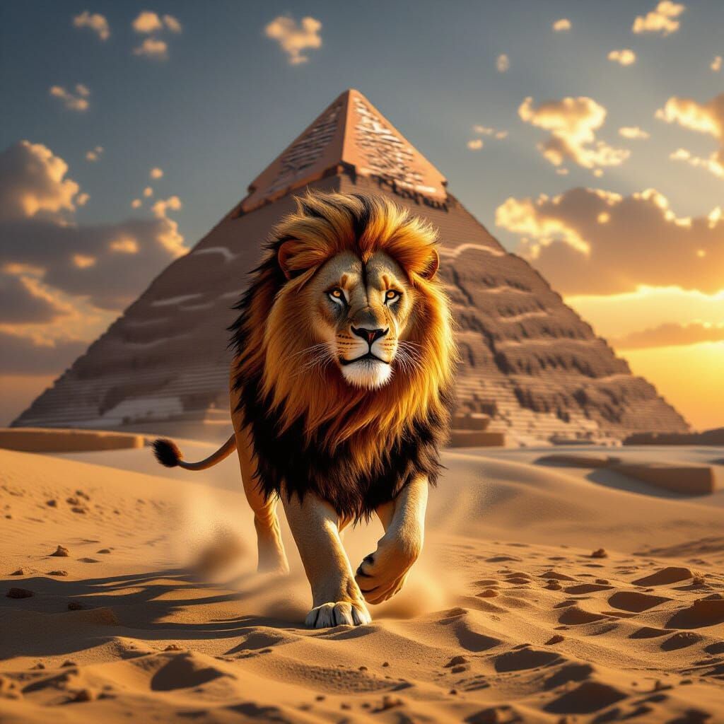 Majestic Lion Ascends Giza Pyramid at Sunset