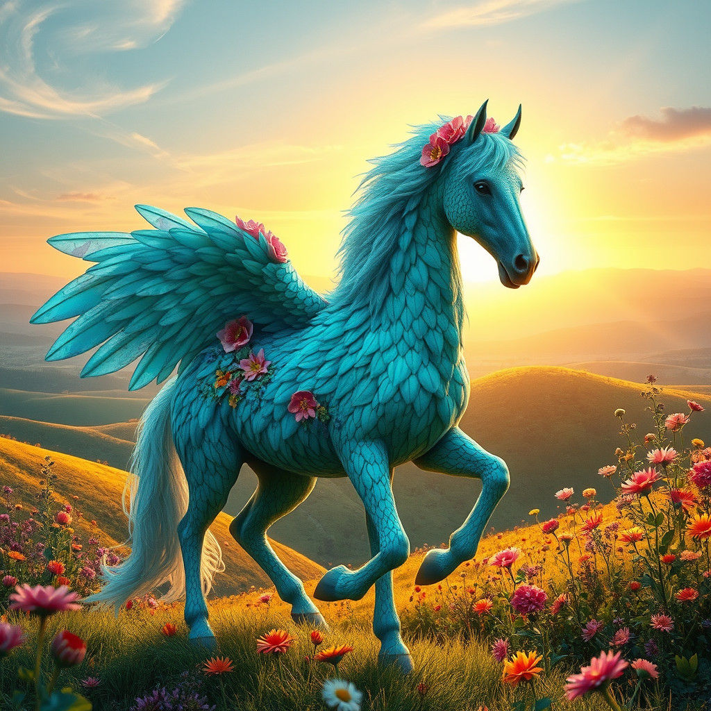 Flower Pegasus in Dreamlike Landscape