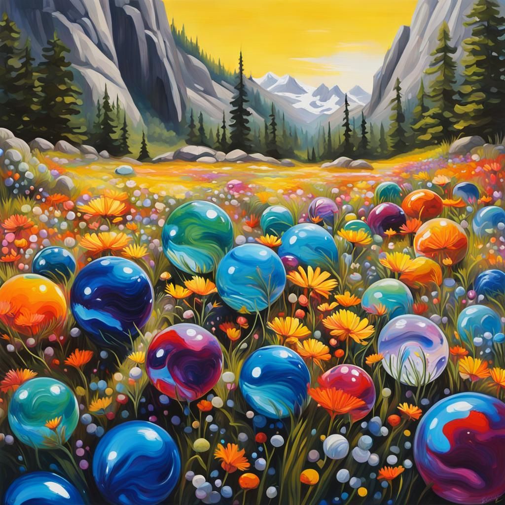 Yosemite Mountains in Graffiti Art with Glass Marbles