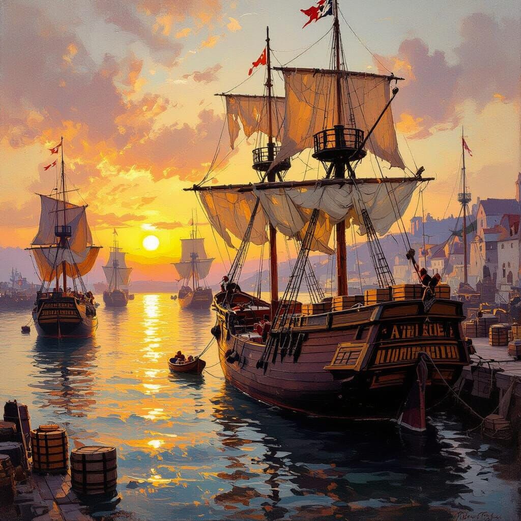 Pirate Ship Harbor in Brest at Sunset Oil Painting