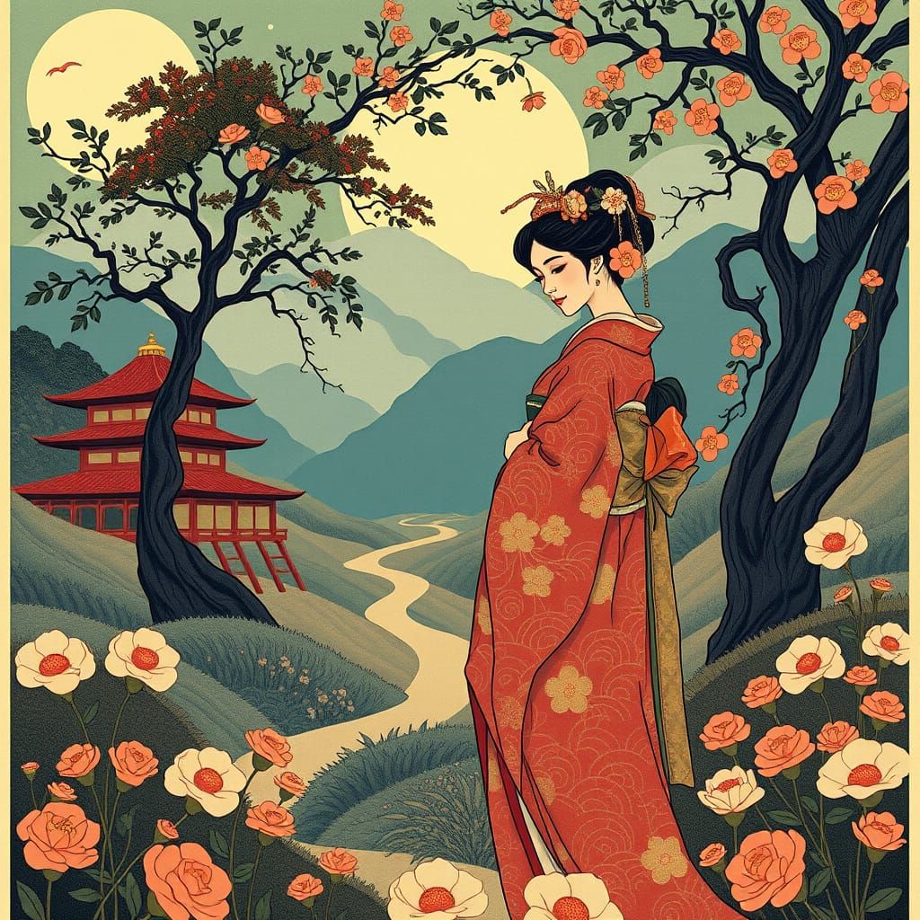 Art Nouveau Geisha in Japanese Countryside