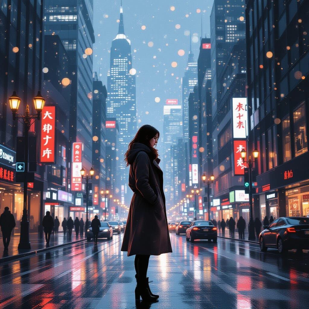 Lone Woman in Neon Cityscape, Charcoal Drawing