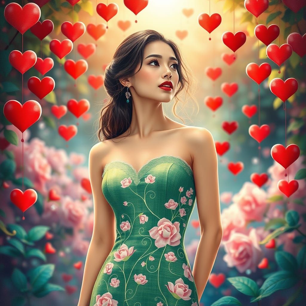 Enchanting Woman in Whimsical Red Love Scene