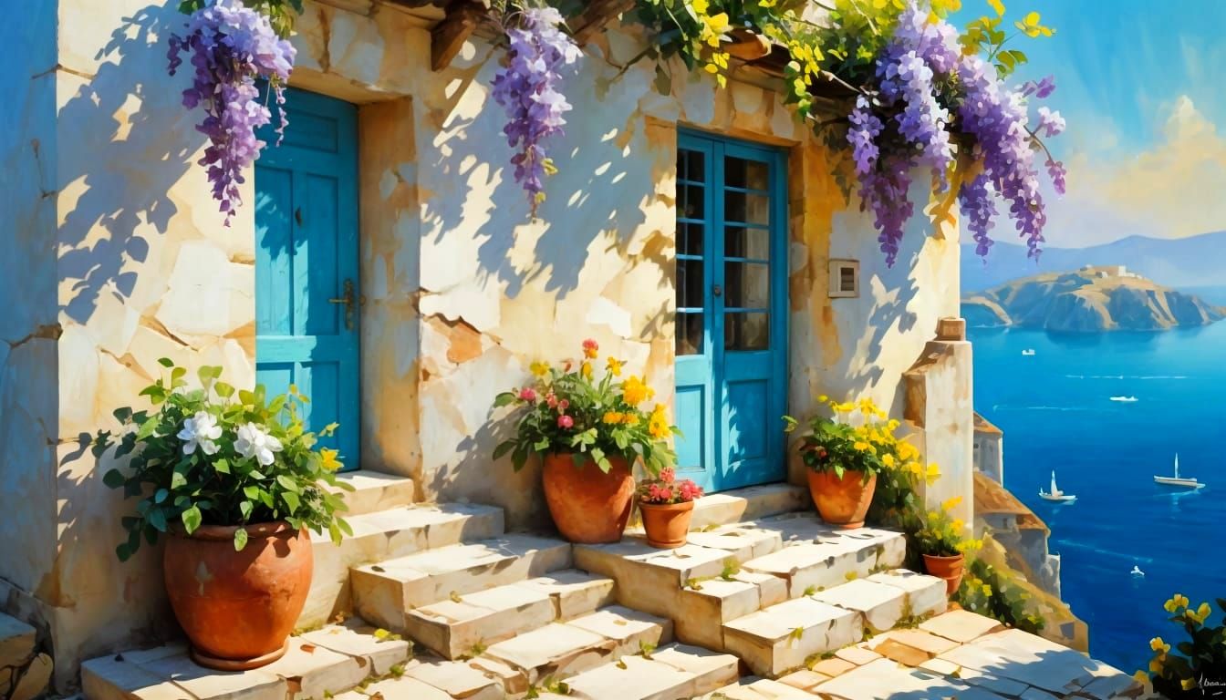 Sunlit Greek Villa: Impasto Oil Painting