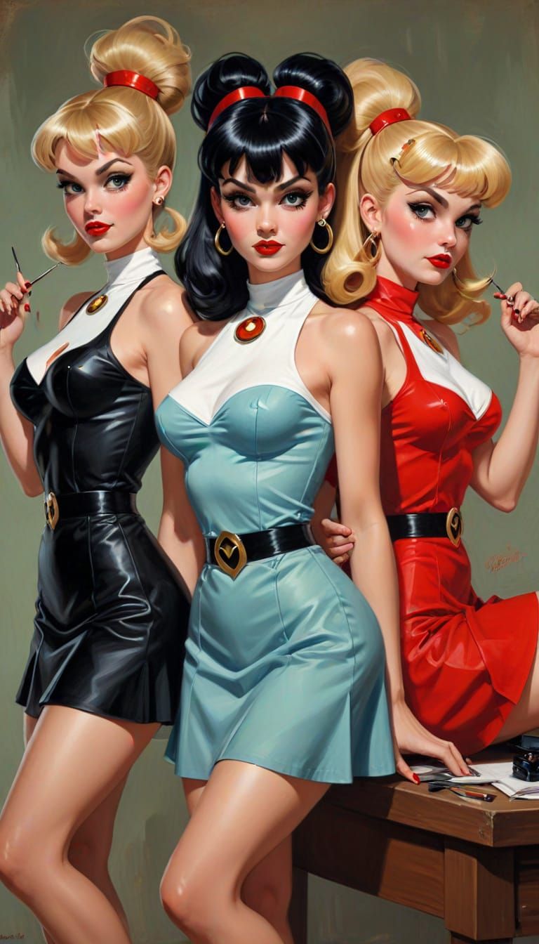 Powerpuff Girls as Pin-Up Models in Elvgren Style