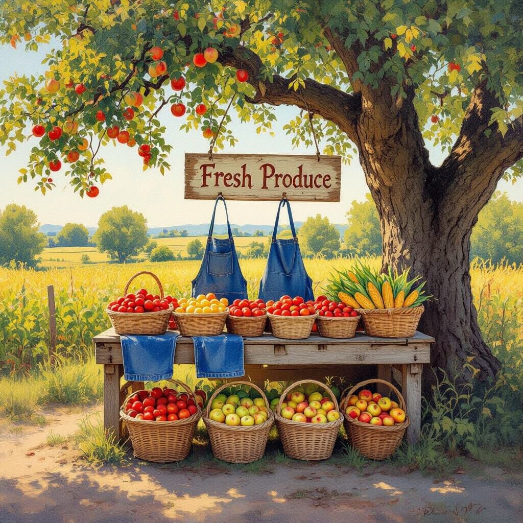 Farmstand with Fresh Produce in Impressionist Style