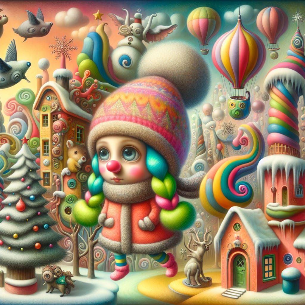 Whimsical Surrealist Christmas Scene with Brightly Colored G...