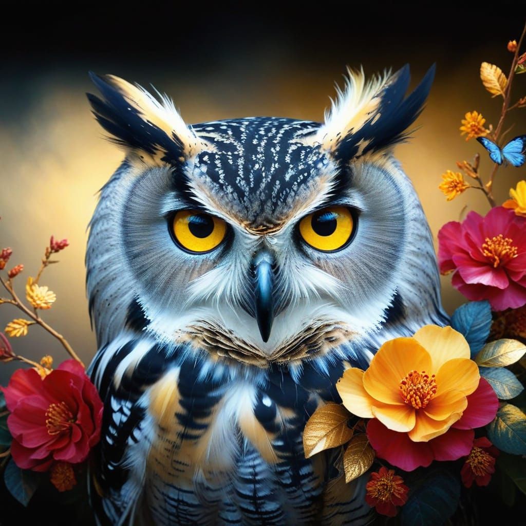 Majestic Owl with Vibrant Plumage and Exotic Flowers