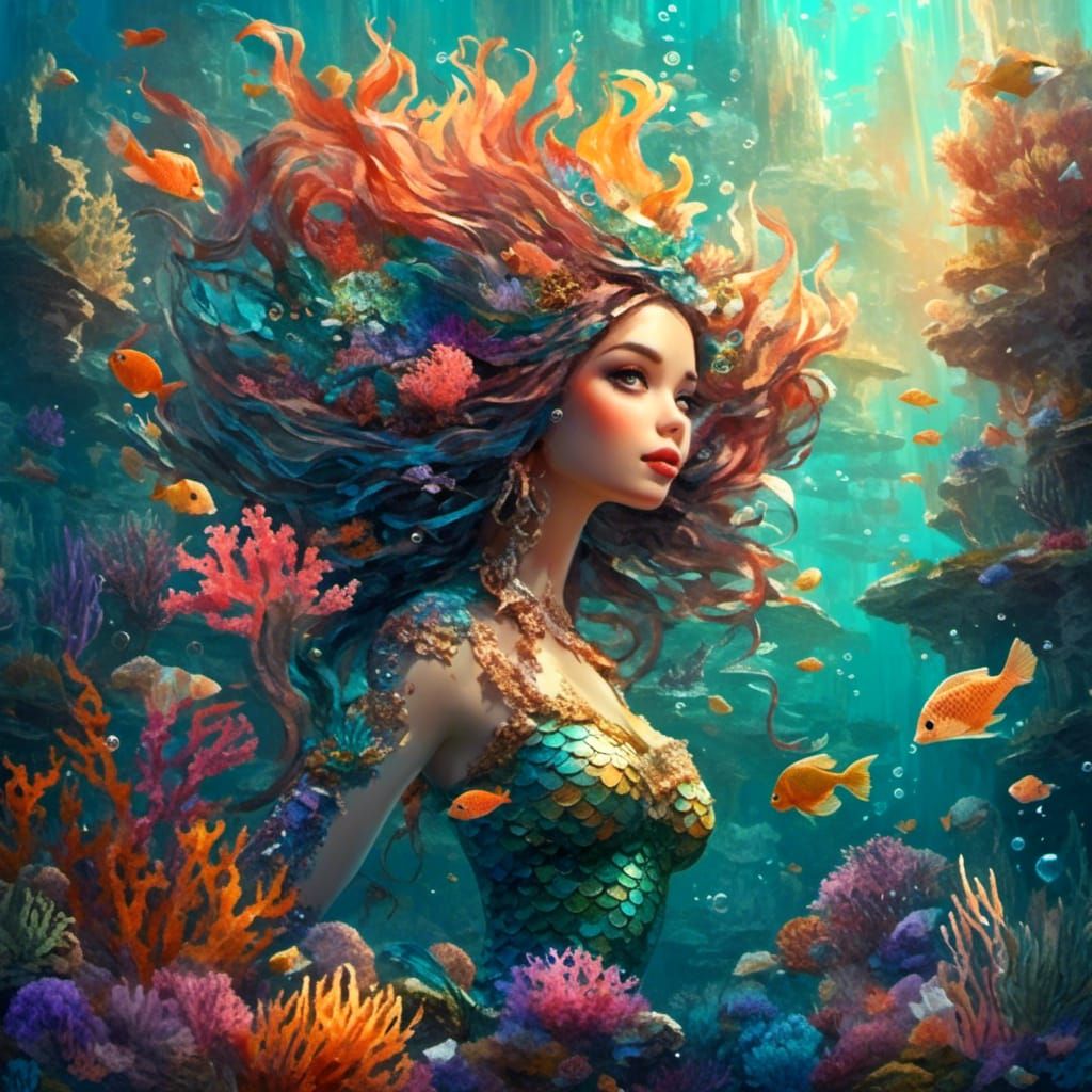Mermaid in Coral Reef: Fauvist Fantasy Art