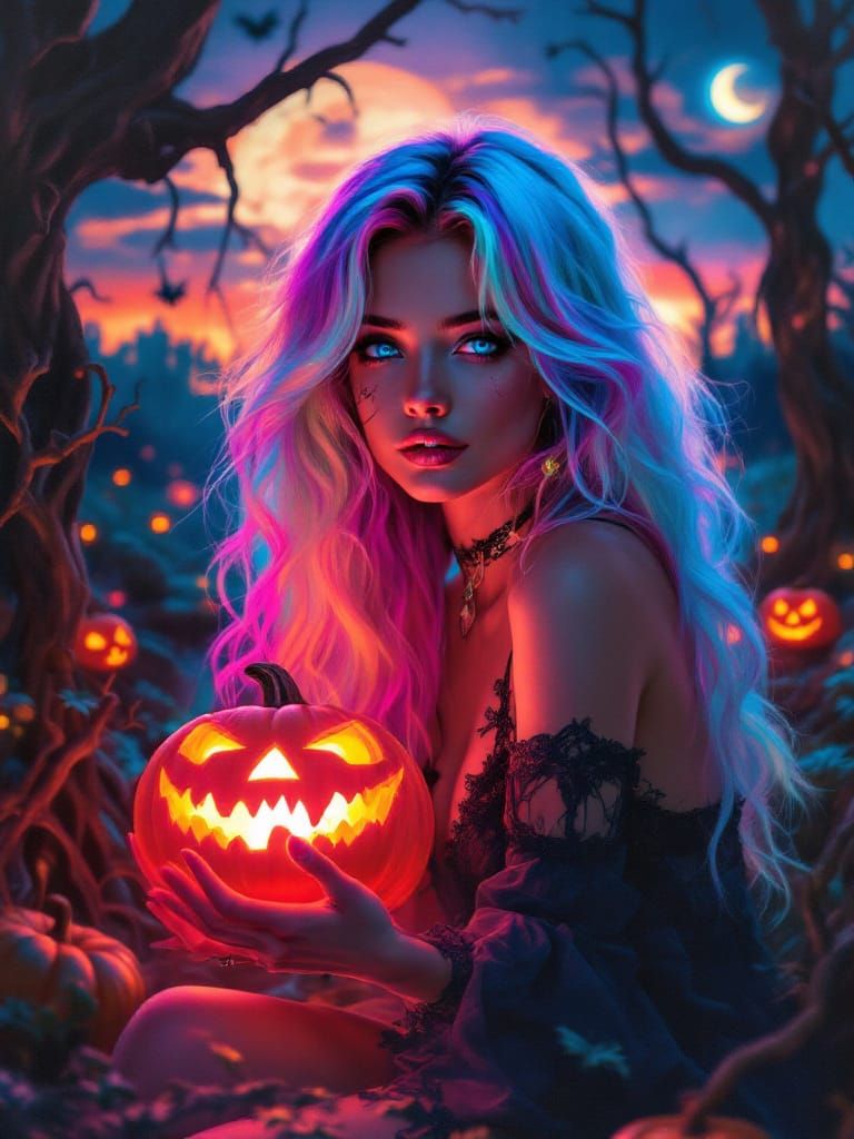 E-Girl in Pumpkin Patch: Oil Painting