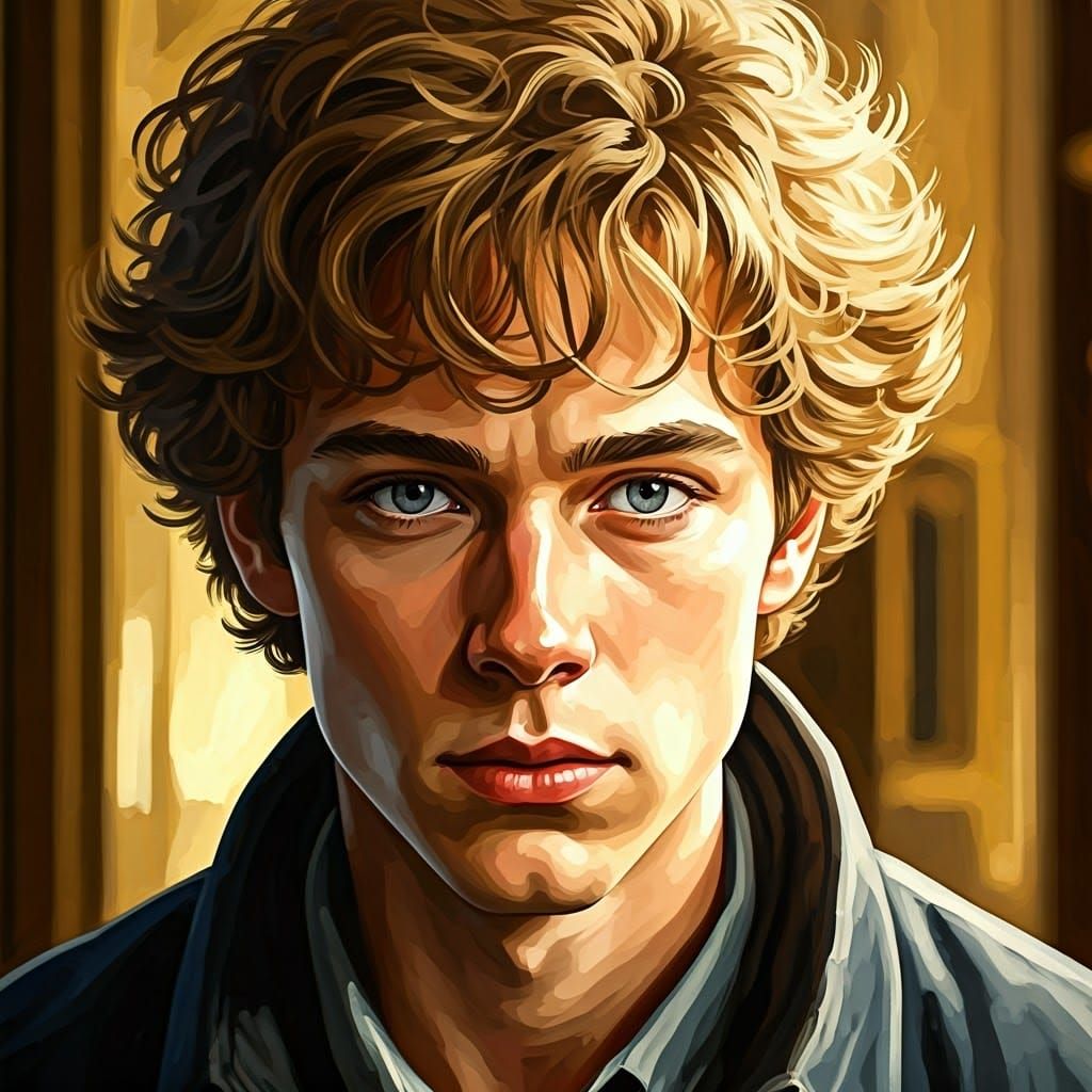 Contemplative Blond Youth in Gouache Impasto Style