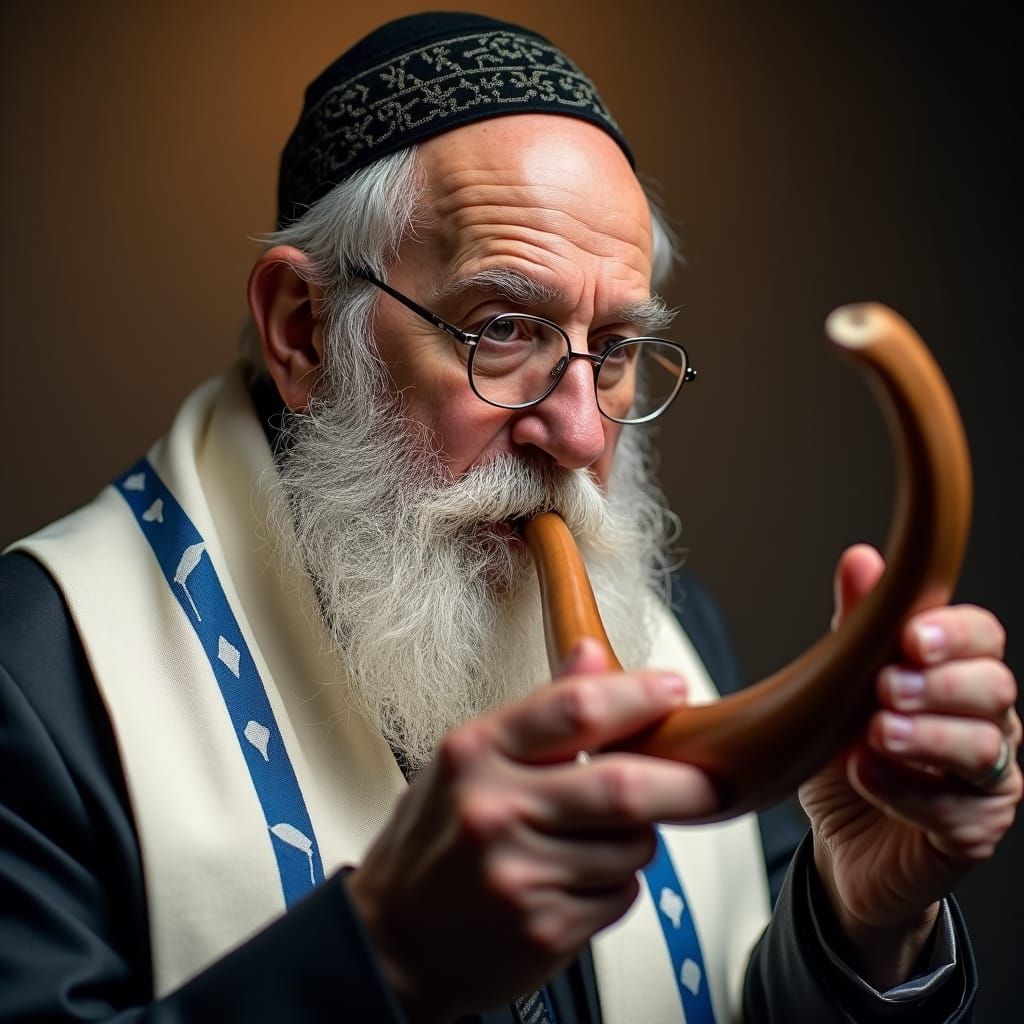 Ultra-Orthodox Jew Blowing Shofar with Tallit and Tefillin