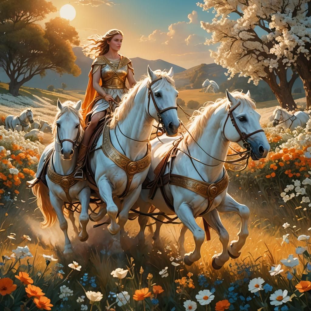 Greek Hero in Chariot Rides Through Floral Field