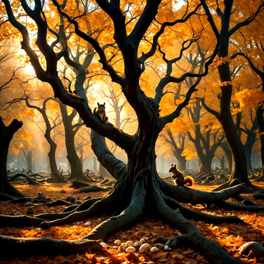 Autumn Landscape with Twisted Trees in Twilight