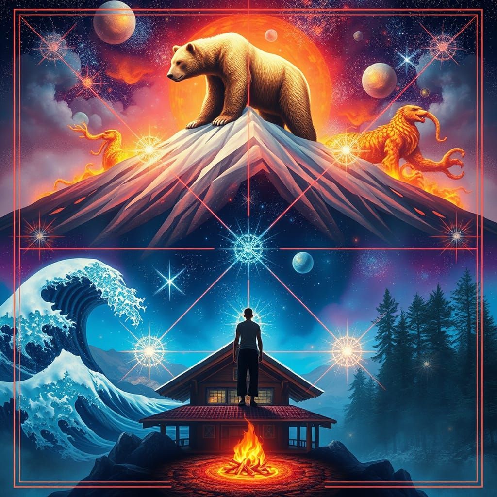 Contemplative Figure Surrounded by Ainu Spirits