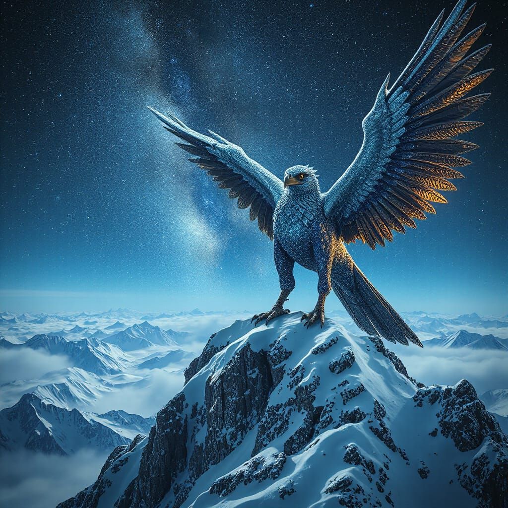 Stardust Griffin on Snowy Peak in Hyper-Maximalist Style