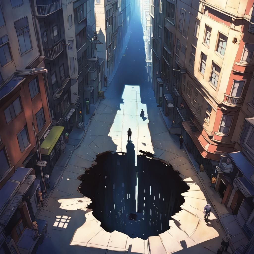 Anime Cityscape with Man-Shaped Void