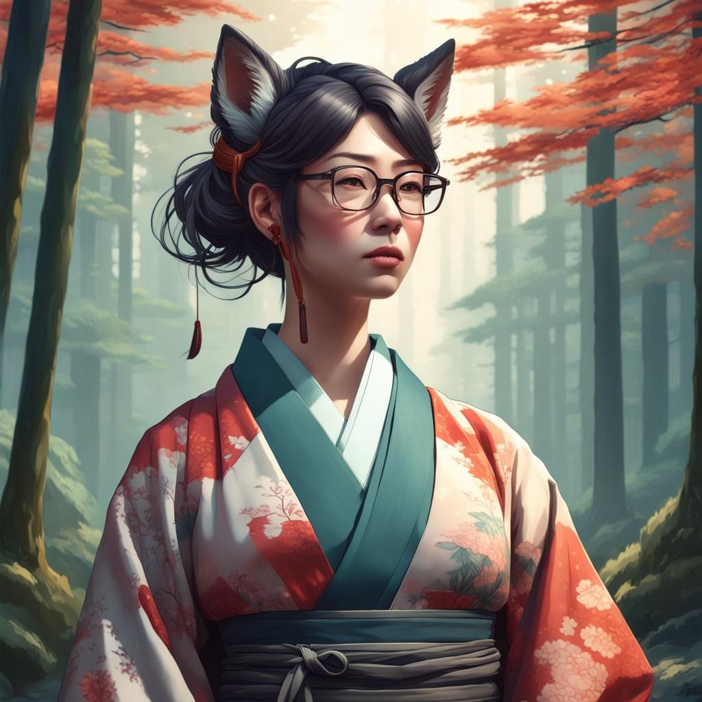 Japanese Woman with Wolf Cut Hairstyle in Kimono