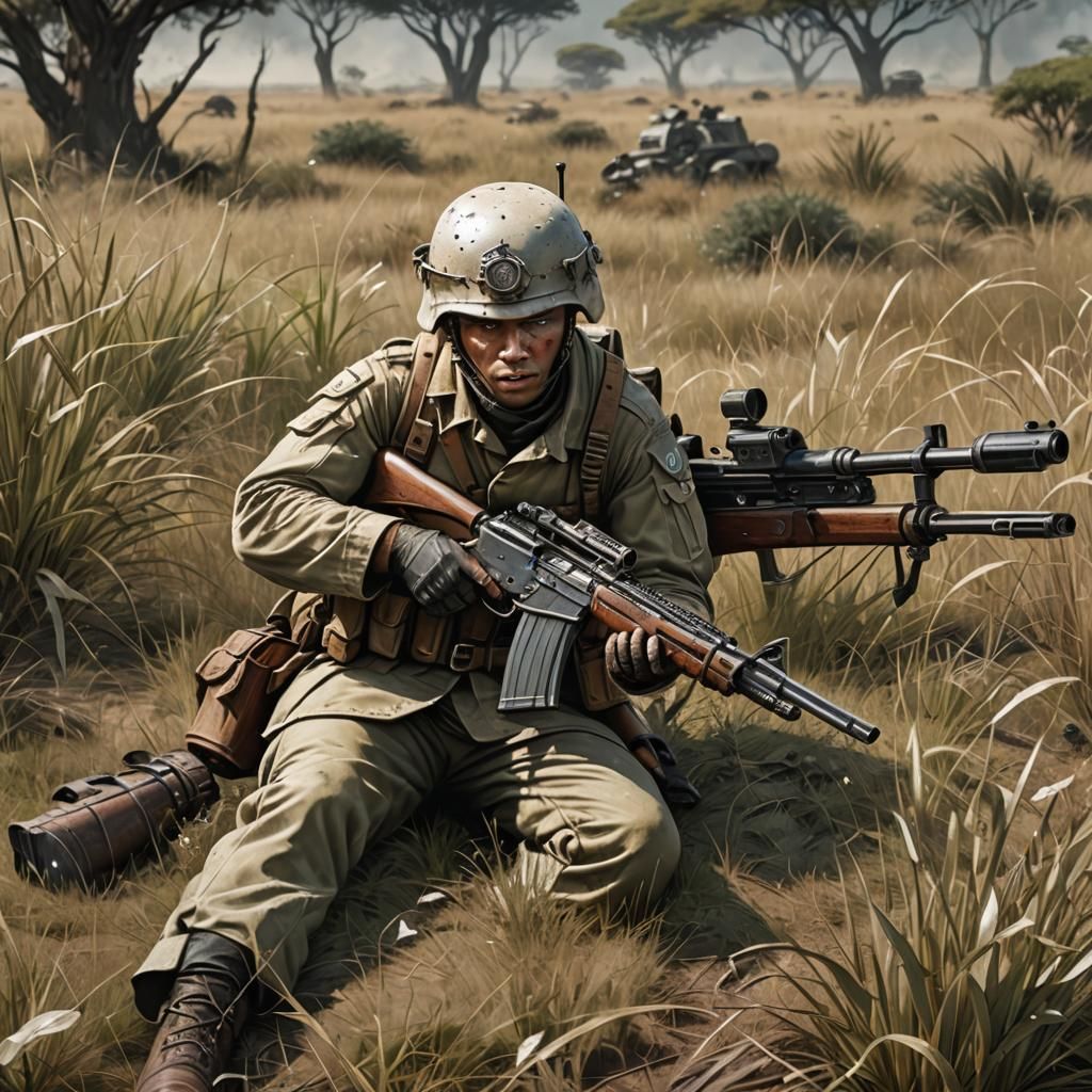 Camouflaged Soldier Aiming Rifle: Detailed Matte Painting