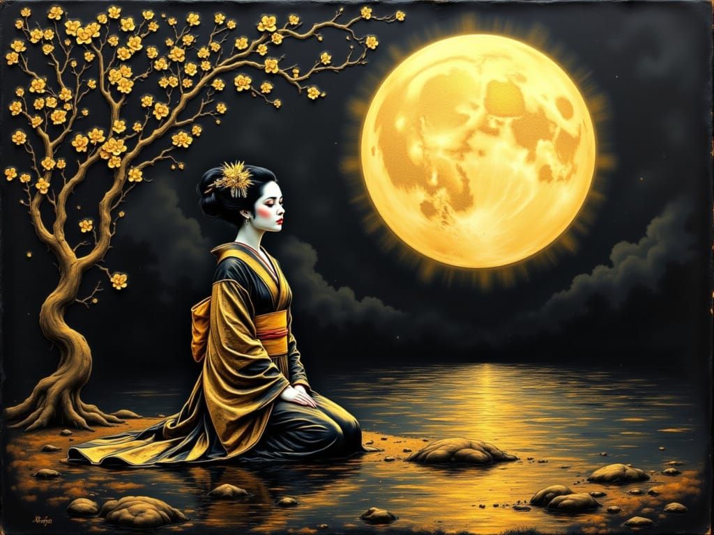 Geisha in Moonlight, Ancient Gold & Ink Watercolour