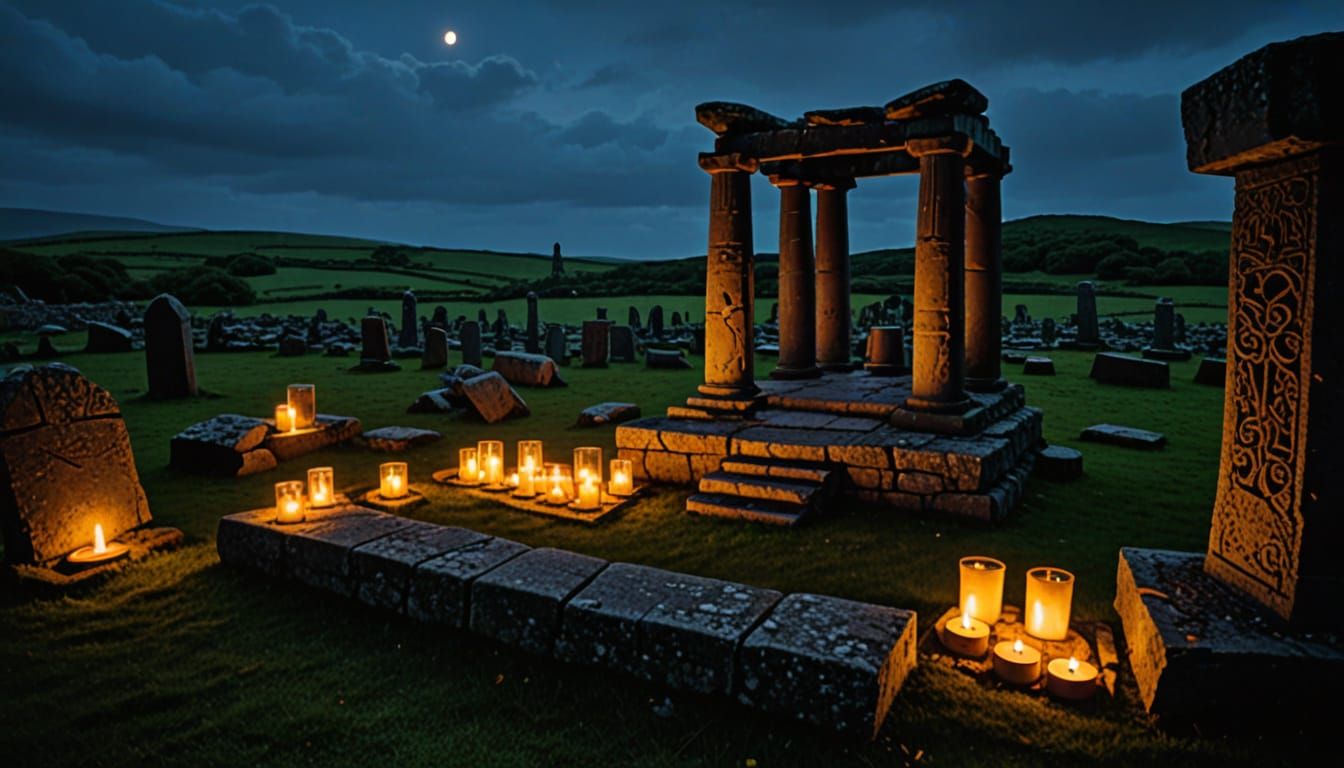 Ancient Celtic Burial Altar Under Starry Night