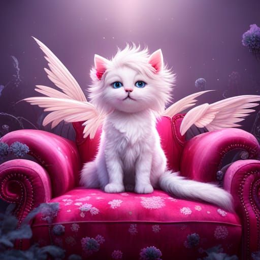 white Kitten with red wings sitting on a pink couch