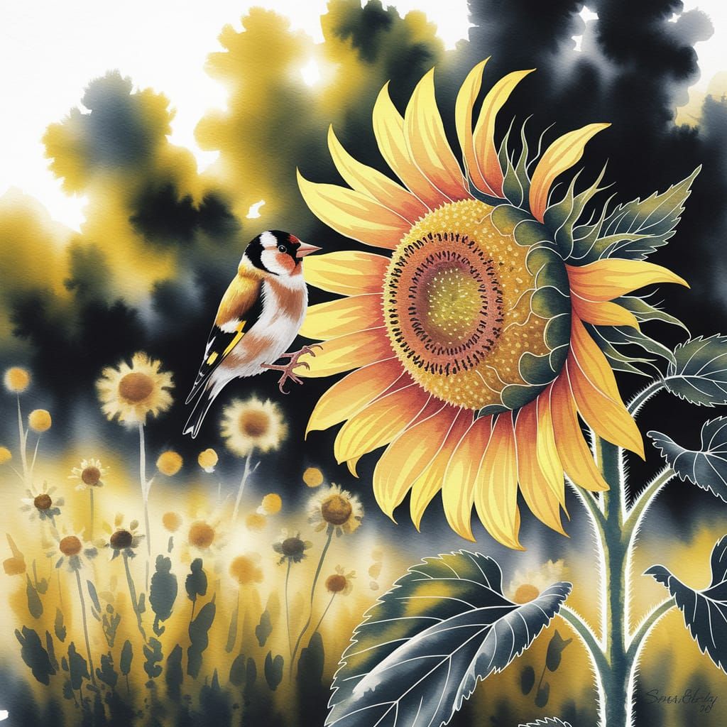 Watercolor Goldfinch on Sunflower in Spring Yellows and Blac...