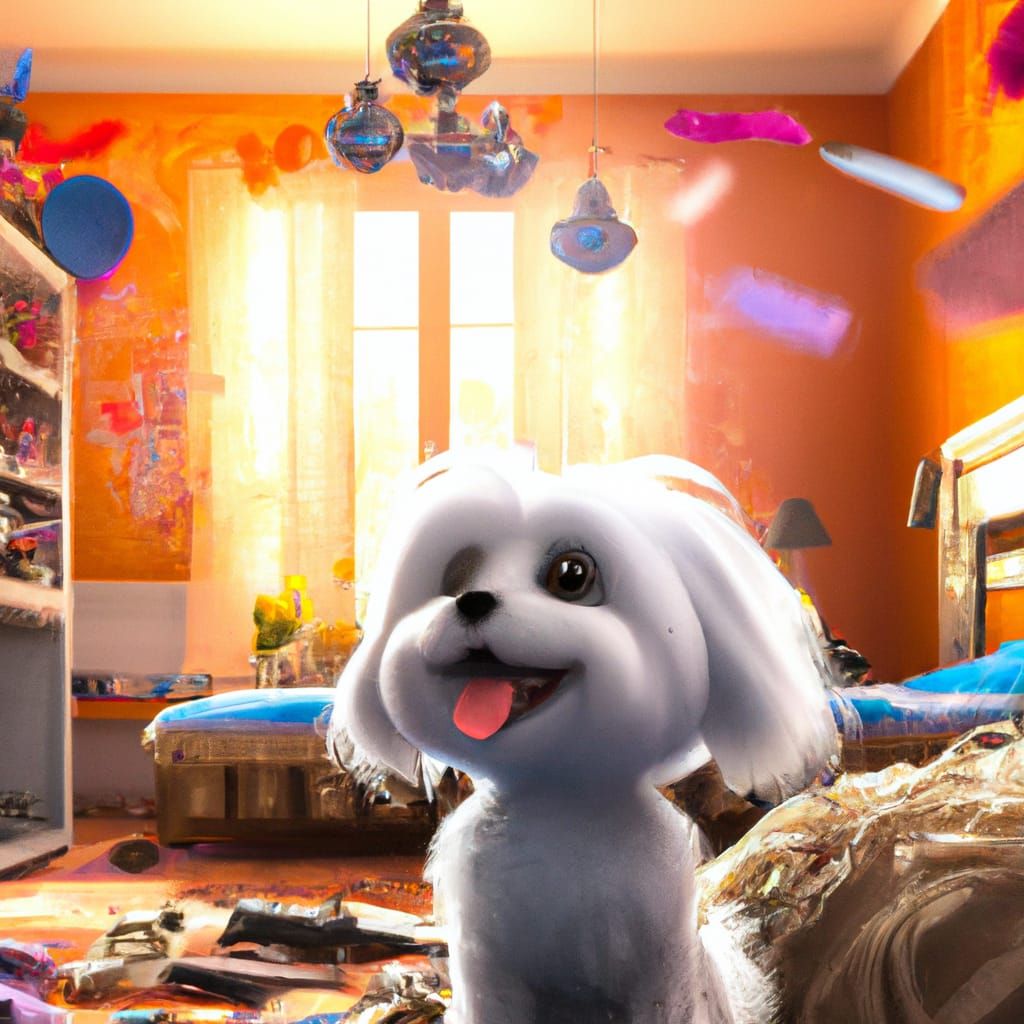 Adorable Maltese Dog in Messy Room, Pixar Style