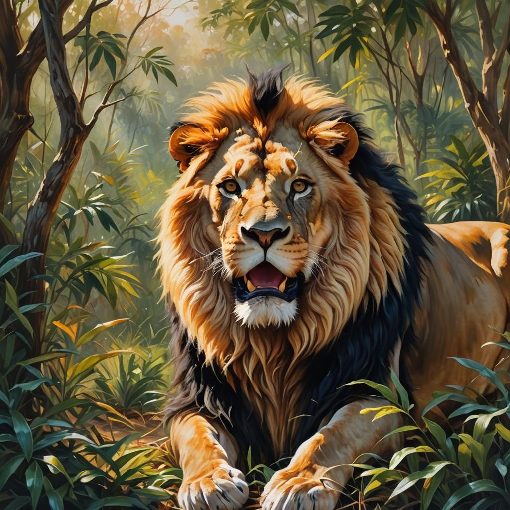Regal Lion Roaring: Wildlife Portrait as Oil Painting