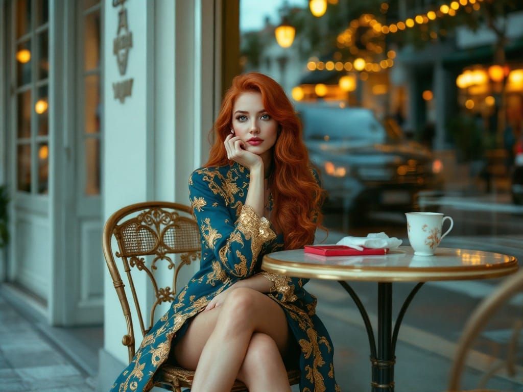 Elegant Woman in Rococo-Inspired Café Setting