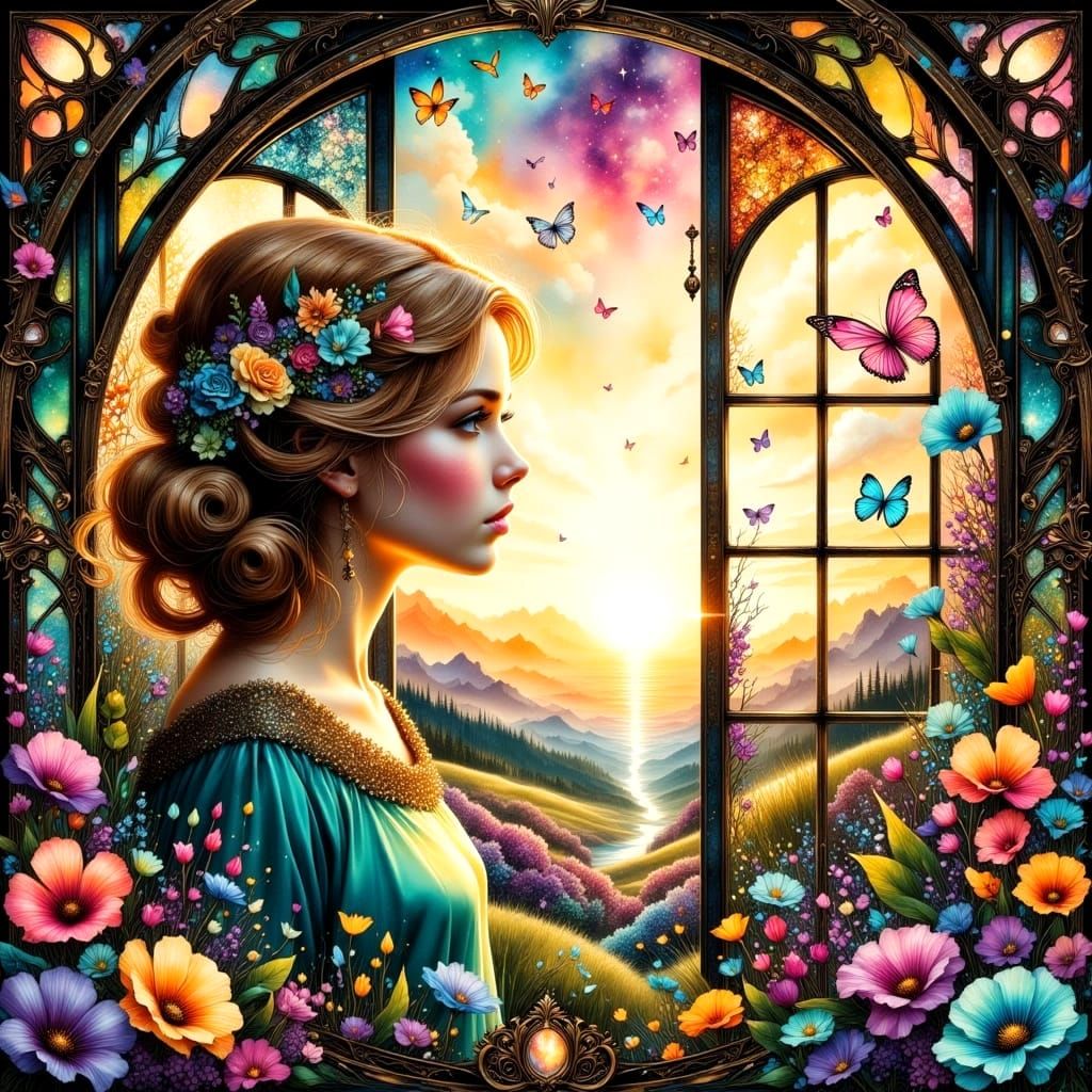 Girl Looks Out of Ornate Window at Surreal Gardens in Mixed ...