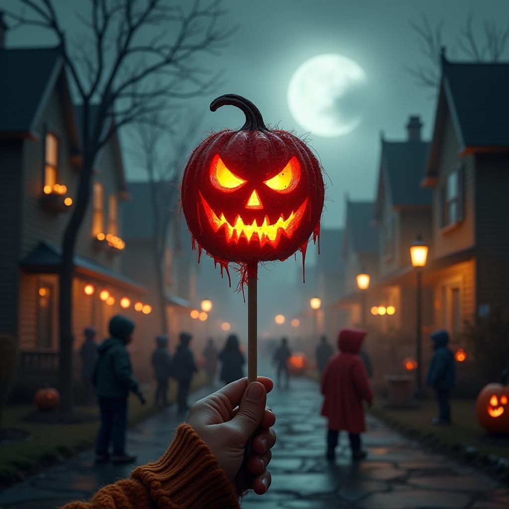 Halloween Lollipop with Jack-o'-Lantern Face in Hyper-Realis...