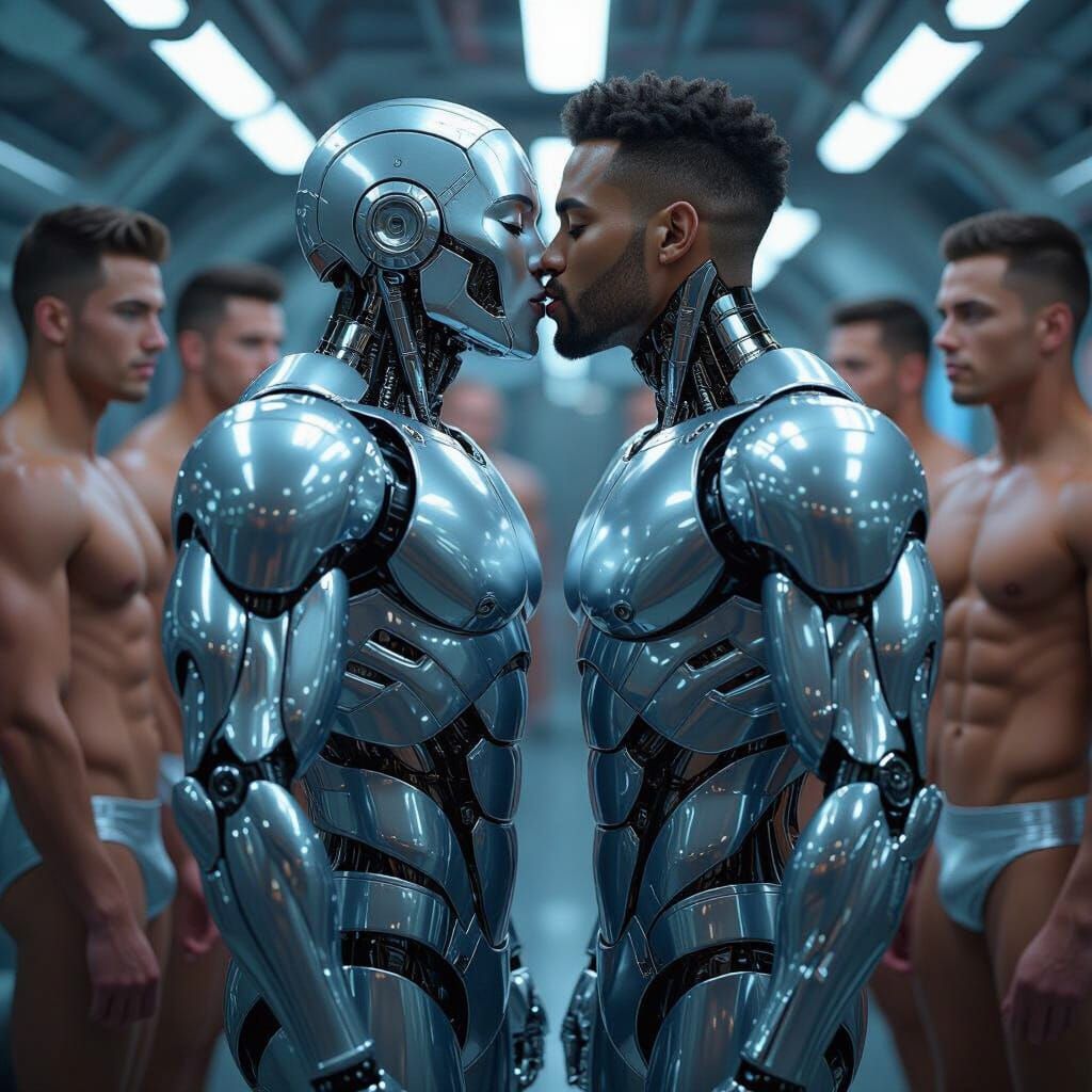 Gay Robots Kiss in Futuristic Space Station