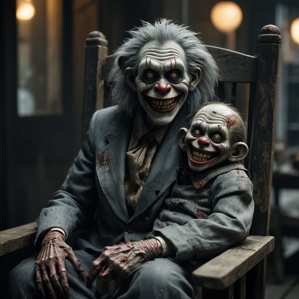 Elderly Zombie Clown Holding Diseased Monkey Toddler in Rock...