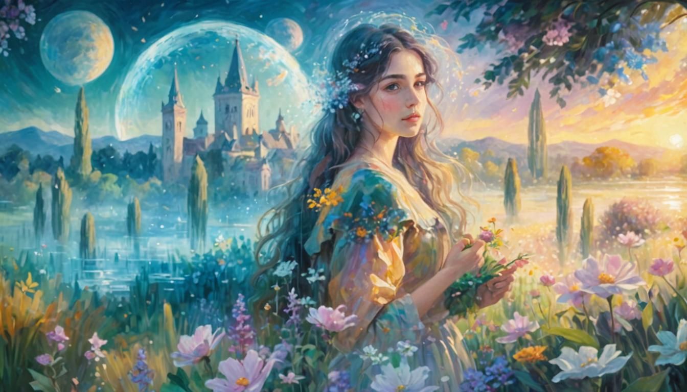 Dreamy Oil Painting of Woman in Lush Garden