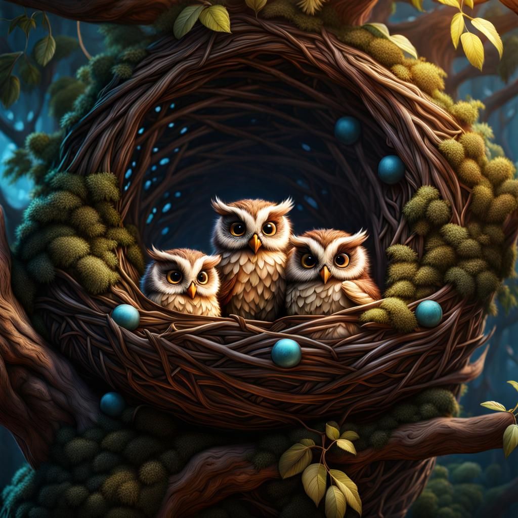 Triplet of baby owls