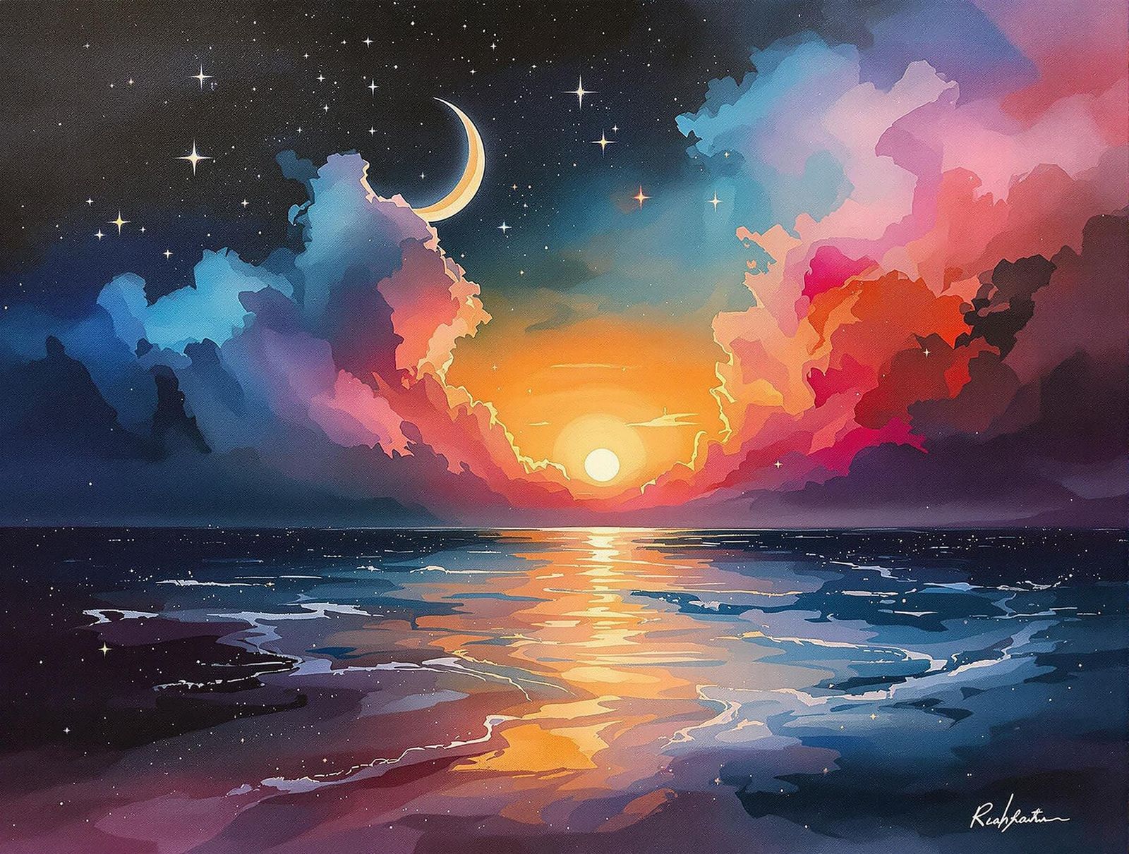 Romantic Gouache Masterpiece of a Dreamed Love Scene