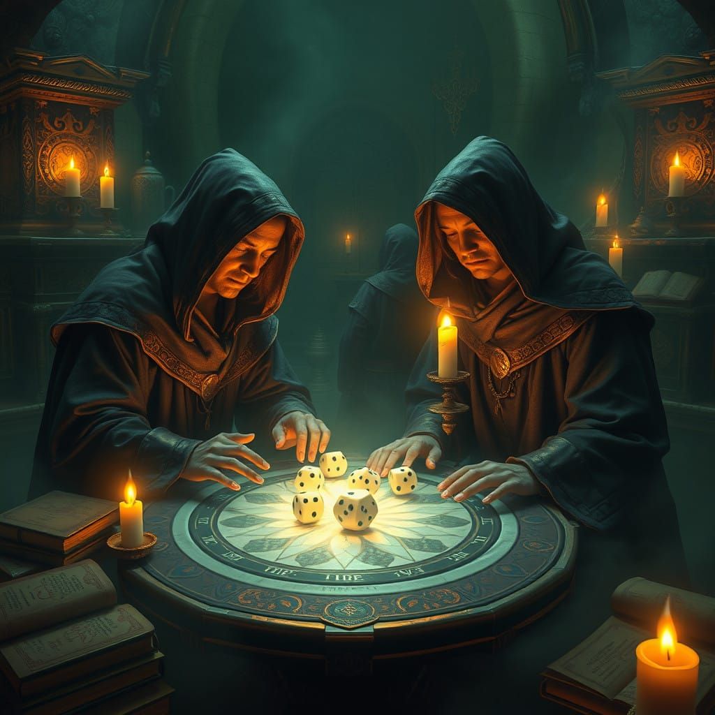 Mystical Figures Prepare to Roll the Dice in an Ancient Cham...