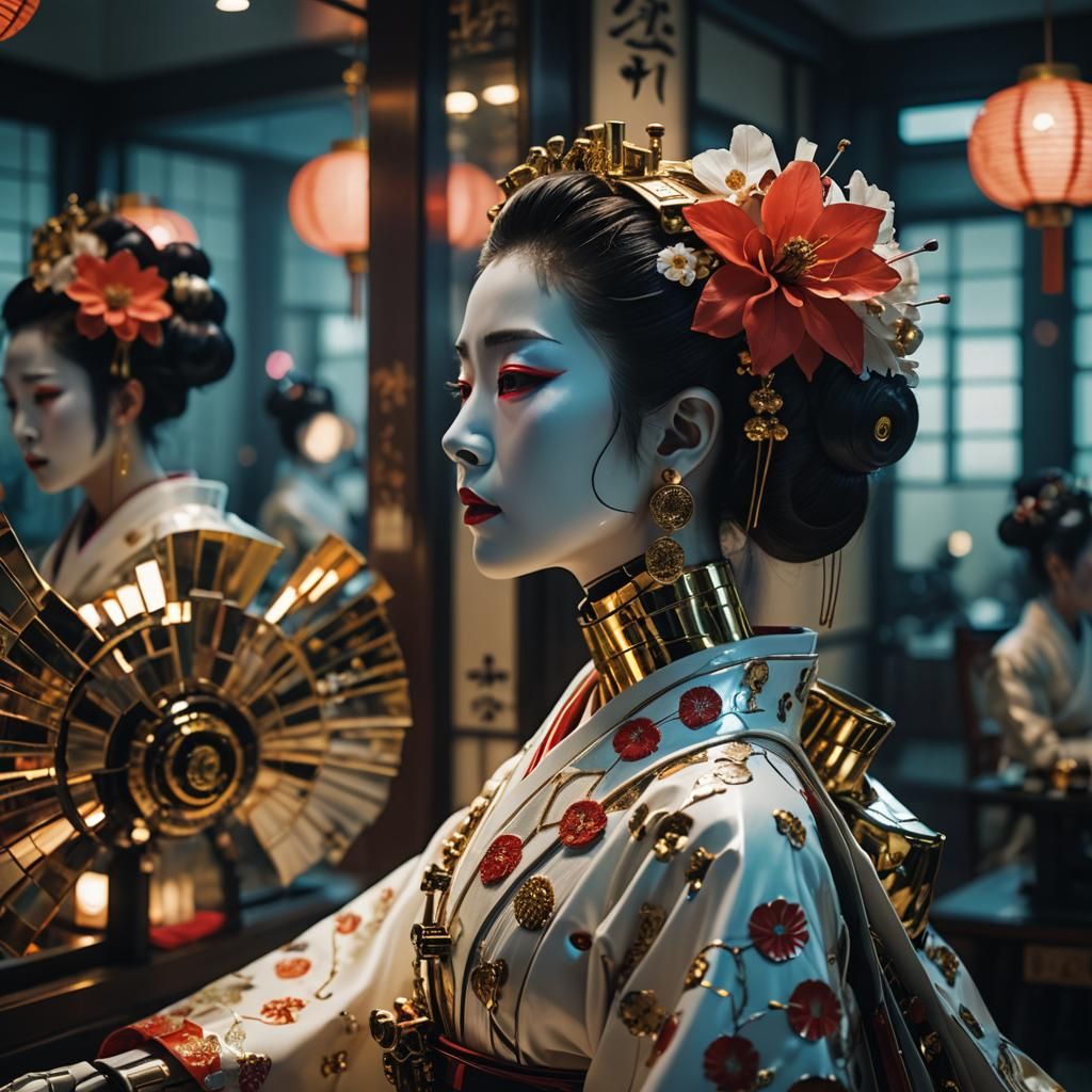 Robotic Geisha in Mirrored Room: Cinematic Still