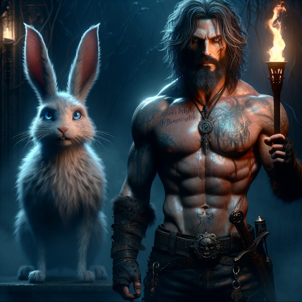 Muscular Man and Rabbit in Dark Gothic Biopunk Scene