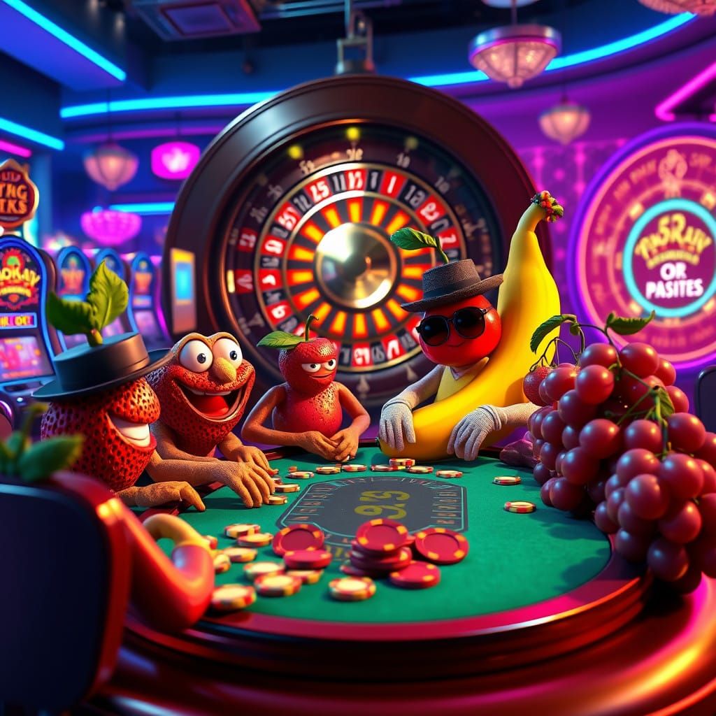 Vibrant Casino Scene with Anthropomorphic Fruits