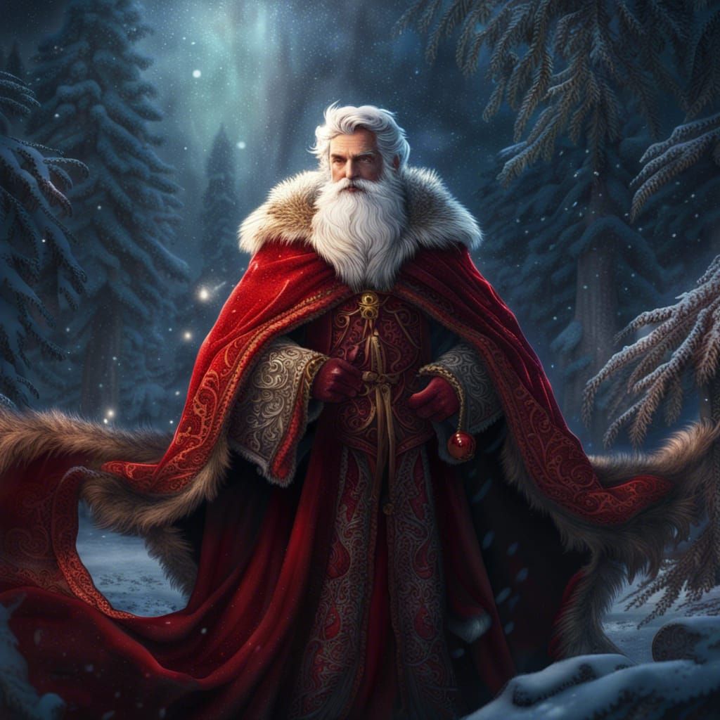 Festive Santa in Filigree Cloak with Winter Background