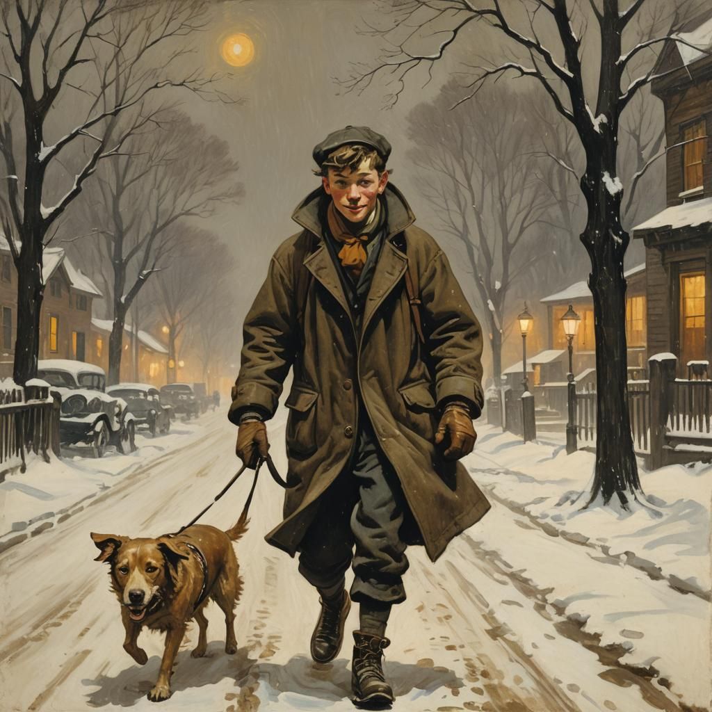 Boy and Dog in Winter, Vintage Pulp Illustration