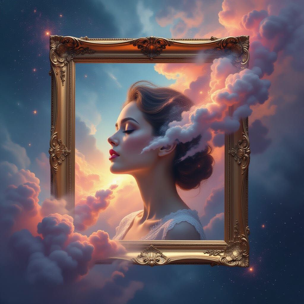 Woman's Head Dissolves into Cosmic Dust as Frame Breaks