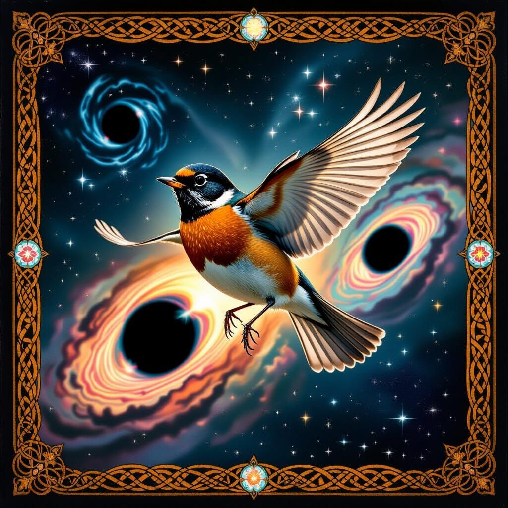 Robin Soaring Through Space in Pre-Raphaelite Style